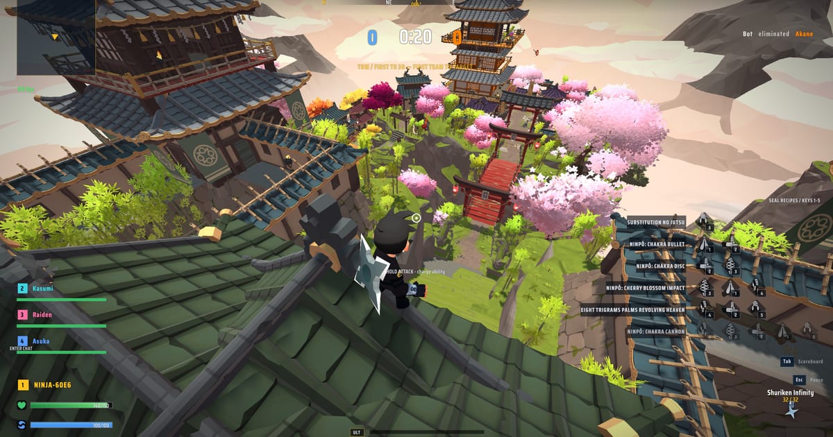 Ninjas clashing in a village courtyard under cherry blossoms and clan banners in NinjaPVP, captured with the HUD hidden