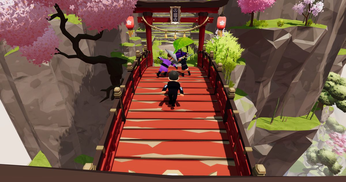 Shinobi clash at the far red torii gate across a lacquered bridge in the NinjaPVP arena, captured with the HUD hidden