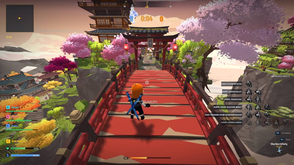 A ninja crossing a red lacquered bridge toward a torii gate in Ninja PvP, cherry blossom and autumn trees on both banks at sunset
