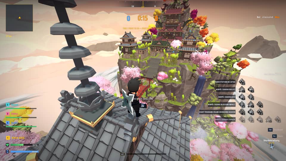 A castle built into a forested mountain in Ninja PvP, with a stone lantern tower and waterfall in the foreground