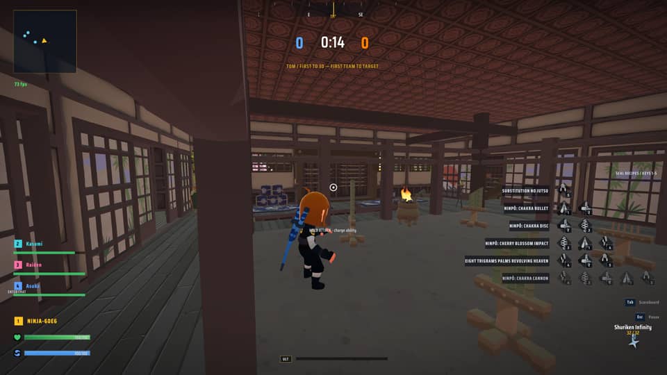 Interior of a timber great hall in Ninja PvP, a ninja with an orange hood and a blue blade standing by a lit brazier