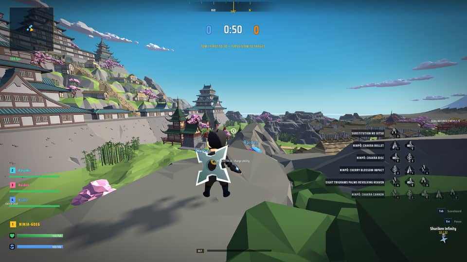 Daylight highlands map in Ninja PvP — a hillside castle and bamboo terraces under a clear blue sky