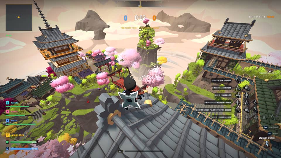 A floating rock island crowned with a pagoda hanging above the Ninja PvP arena, reached by a red bridge