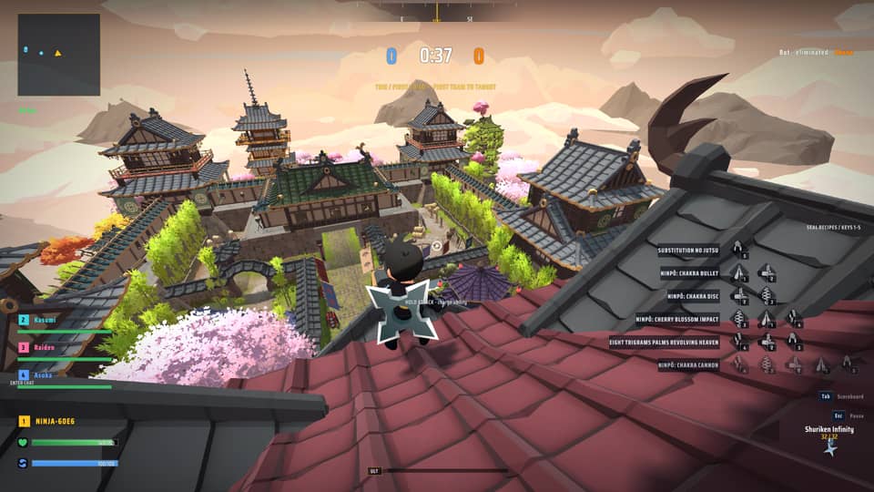 A ninja crouched on a tiled rooftop above the Ninja PvP village, pagodas and cherry blossoms below during a Team Deathmatch round