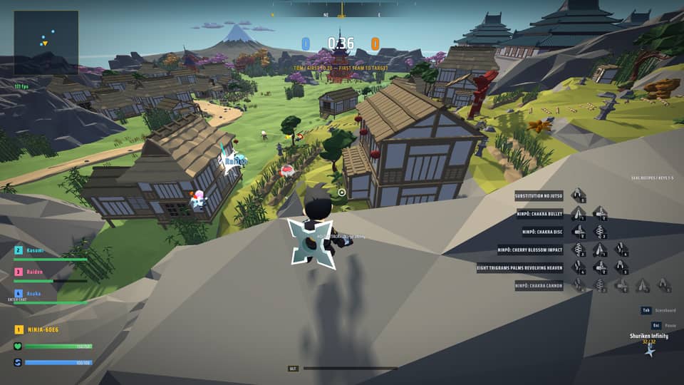 Ninja PvP players fighting in a village valley with Mount Fuji on the horizon, enemy nameplates visible mid-round